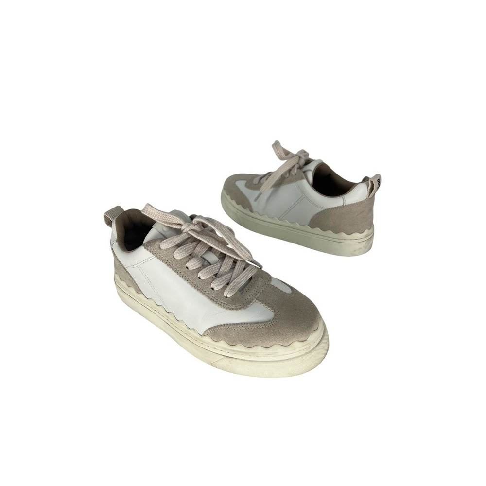 Chloé Lauren Leather Suede‎ Platform Sneakers White Beige 37